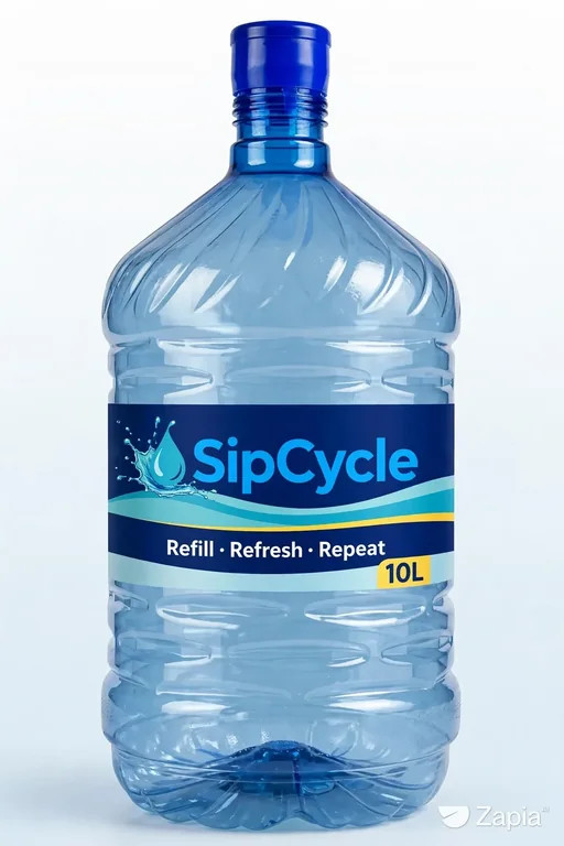SipCycle-branded 10 litre bottle with blue, aqua and yellow label