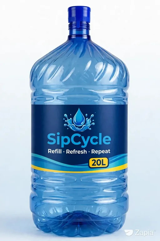 SipCycle-branded 20 litre bottle with blue, aqua and yellow label