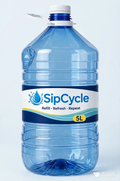 SipCycle-branded 5 litre bottle with blue, aqua and yellow label