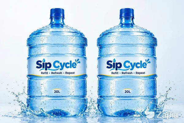 Two SipCycle-branded 20 litre water bottles with navy, blue, aqua and yellow labels